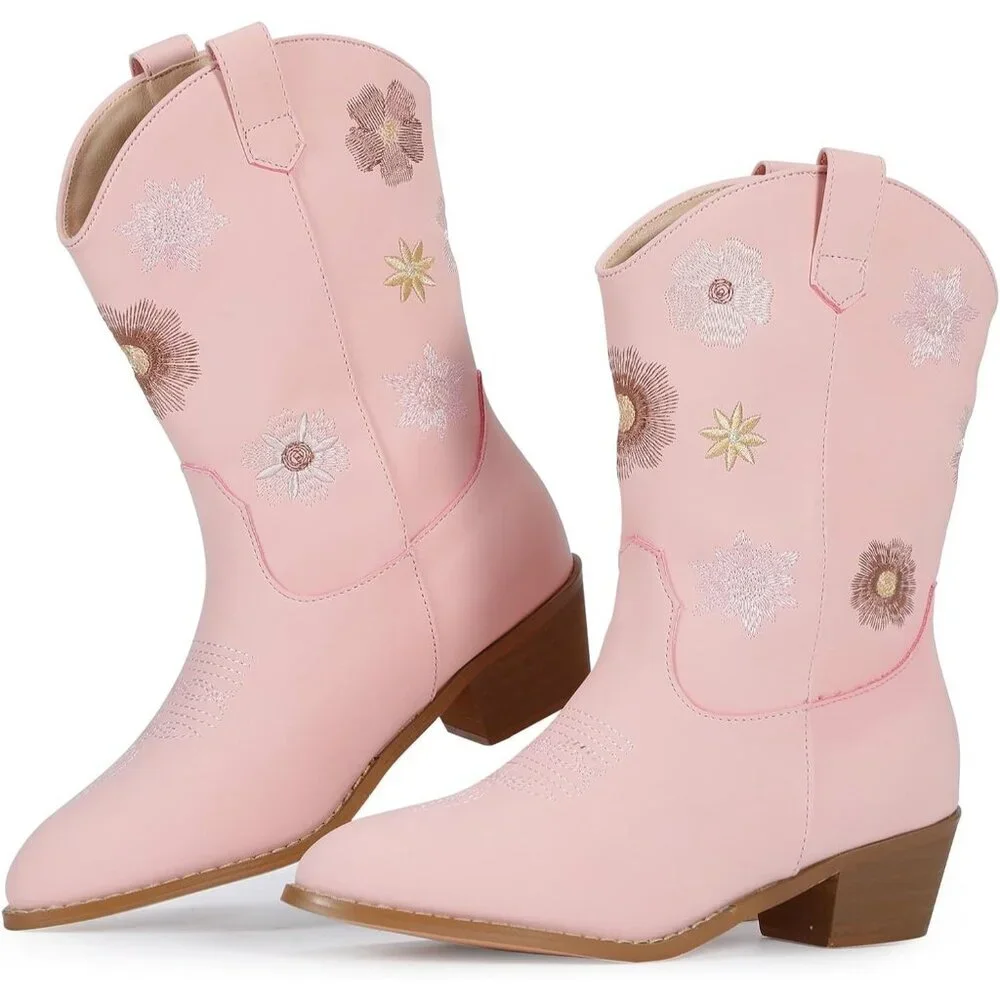 🆕Girls Pink Polyurethane Cowboy Floral Embroidered Western Cowgirl Boots